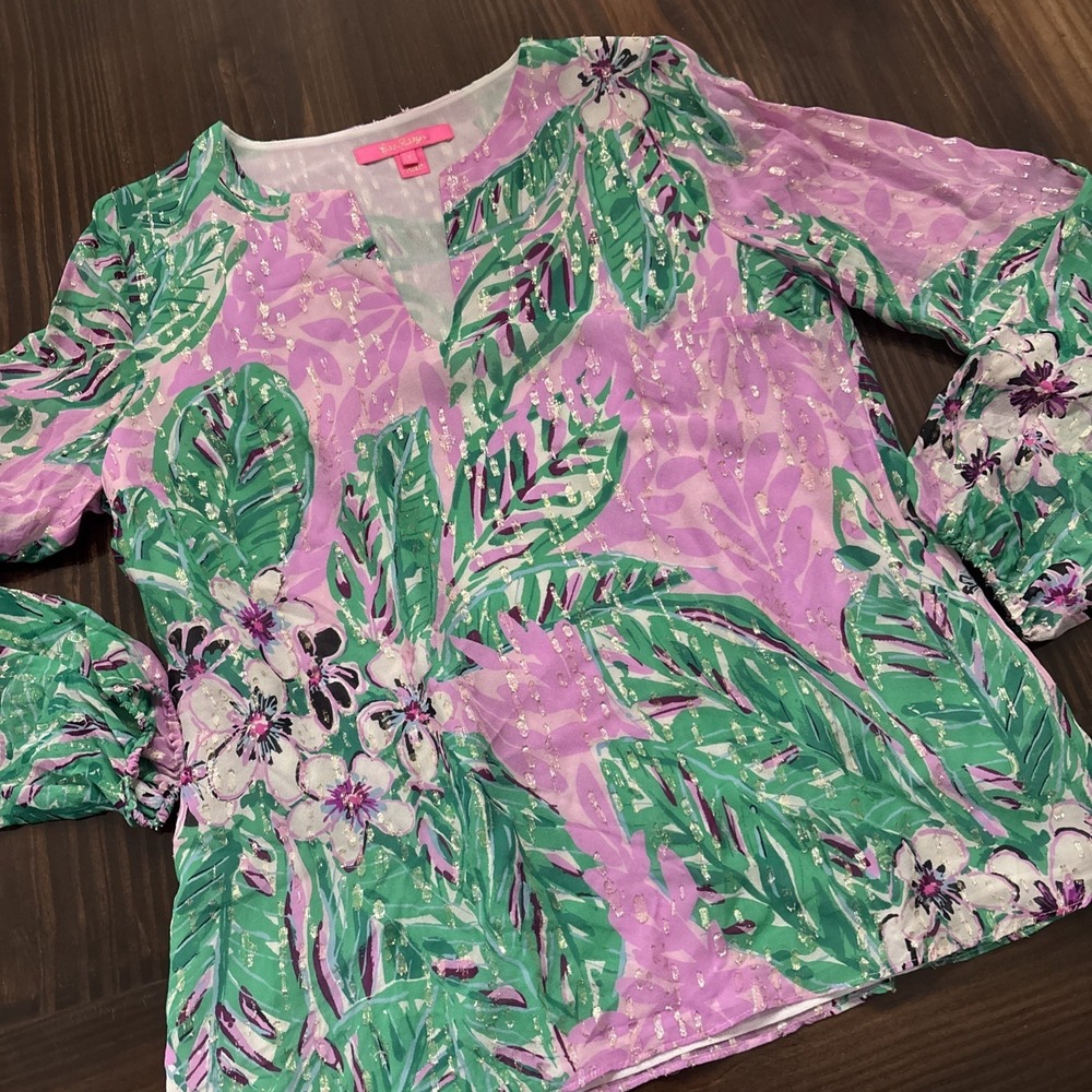 Lilly Pulitzer Aaron Silk Top Blouse,Magnolia Lilac Leidees Night Lined Size S